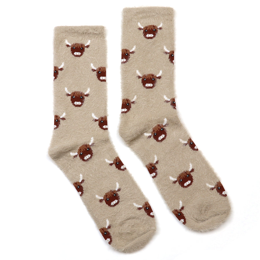 Mabel Warm Taupe Fluffy Highland Cow Socks