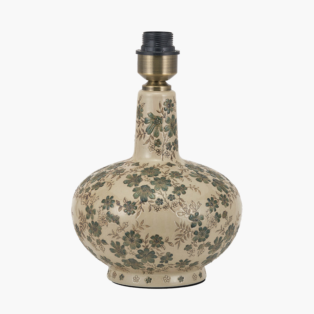 Maeve Green Floral Ceramic Table Lamp Base with Edward 30cm Pistachio Green Linen Cylinder Lampshade