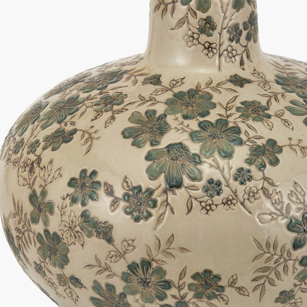 Maeve Green Floral Ceramic Table Lamp Base with Edward 30cm Pistachio Green Linen Cylinder Lampshade