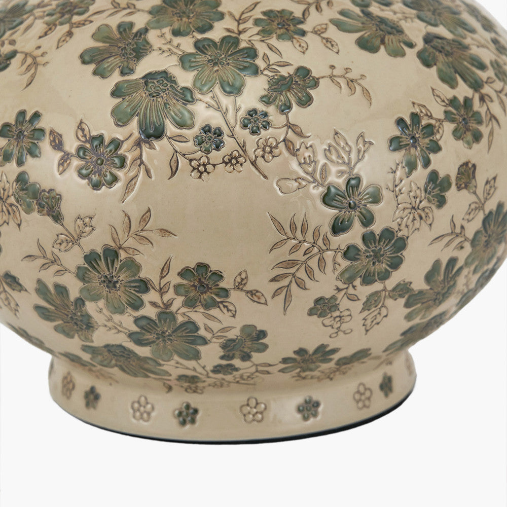 Maeve Green Floral Ceramic Table Lamp Base with Edward 30cm Pistachio Green Linen Cylinder Lampshade