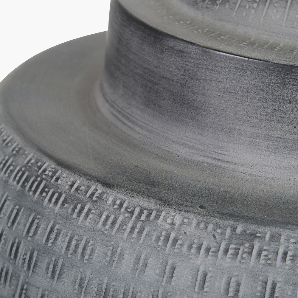 Raj Charcoal Grey Hammered Metal Urn Shaped Lamp Base with Edward 40cm Natural Linen Cylinder Lampshade