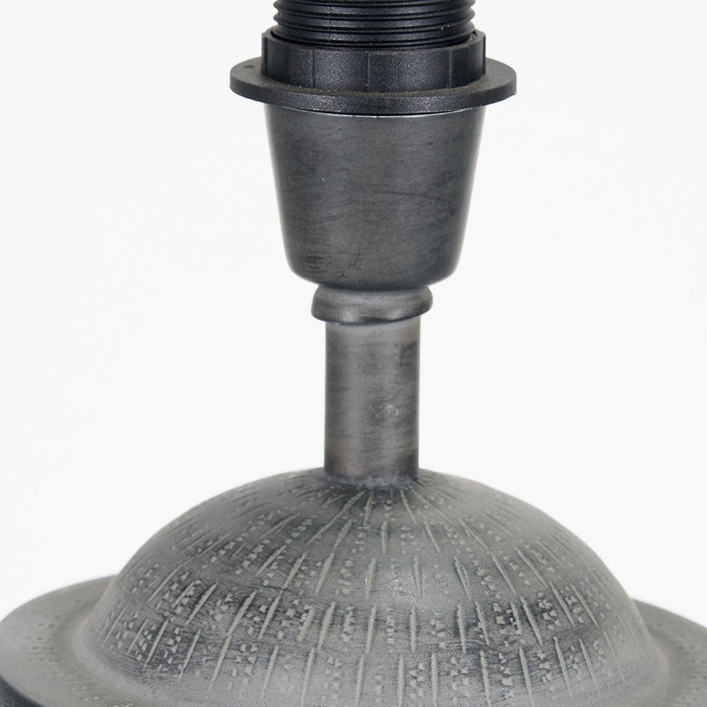 Raj Charcoal Grey Hammered Metal Urn Shaped Lamp Base with Edward 40cm Natural Linen Cylinder Lampshade