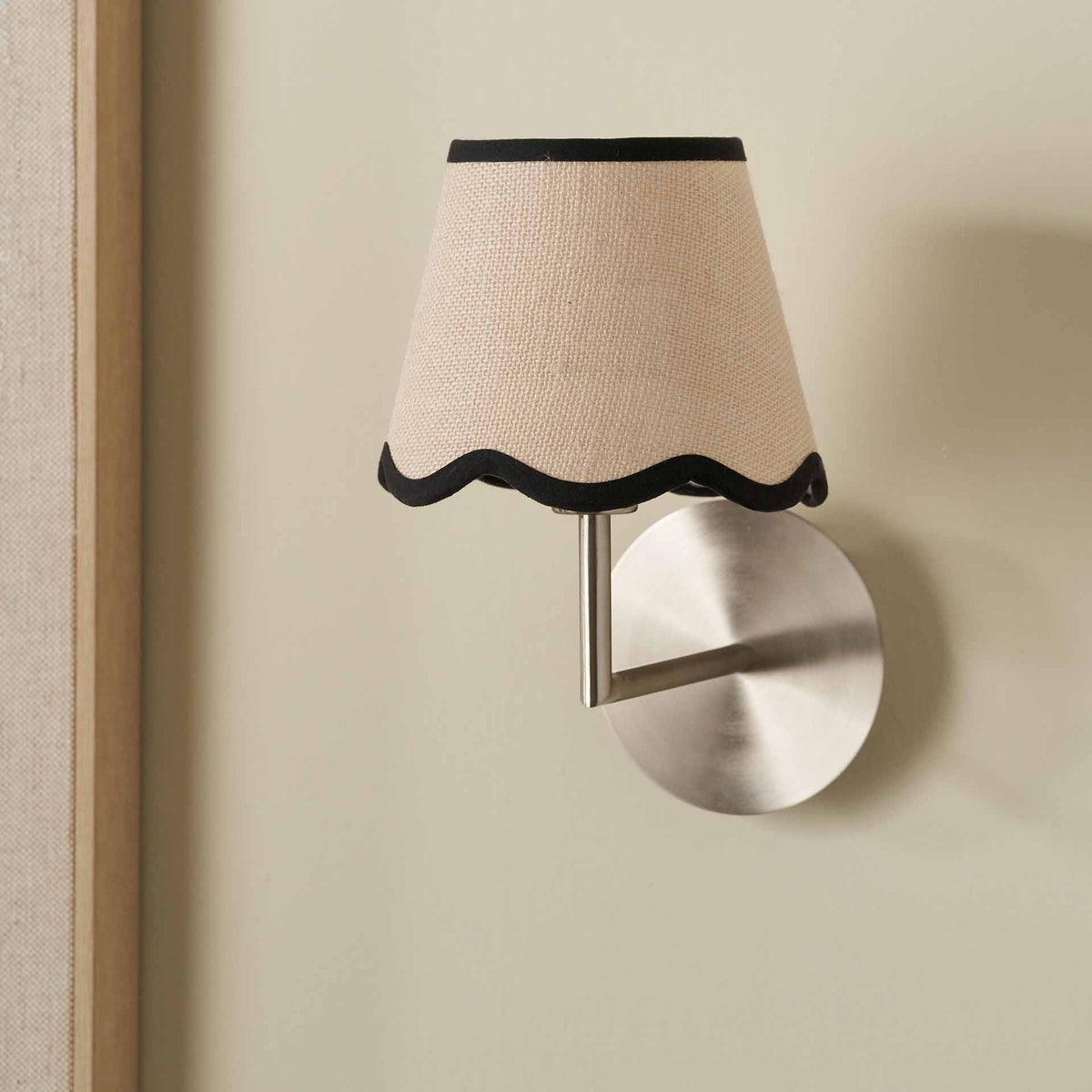 Tabitha Cream Jute Scalloped Edge Tapered Candle Clip Lampshade with Black Binding