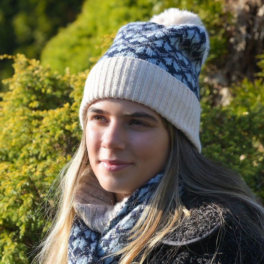 Scandi Flower Bobble Hat | Recycled Blend Blue Mix