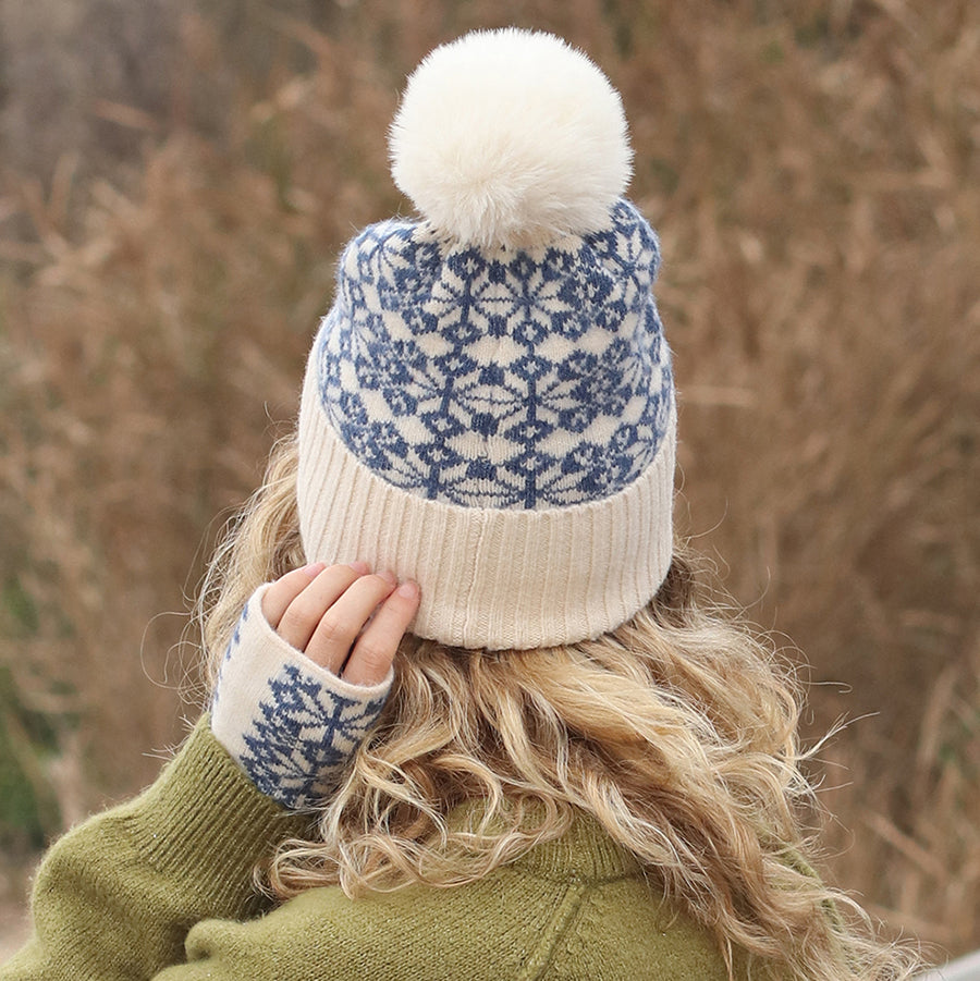 Starflower Knit Bobble hat | Blue and Cream Mix