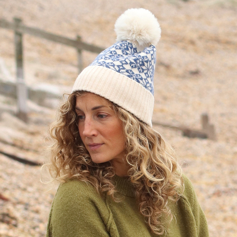 Starflower Knit Bobble hat | Blue and Cream Mix
