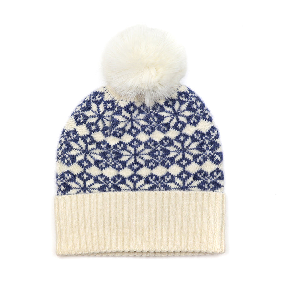 Starflower Knit Bobble hat | Blue and Cream Mix