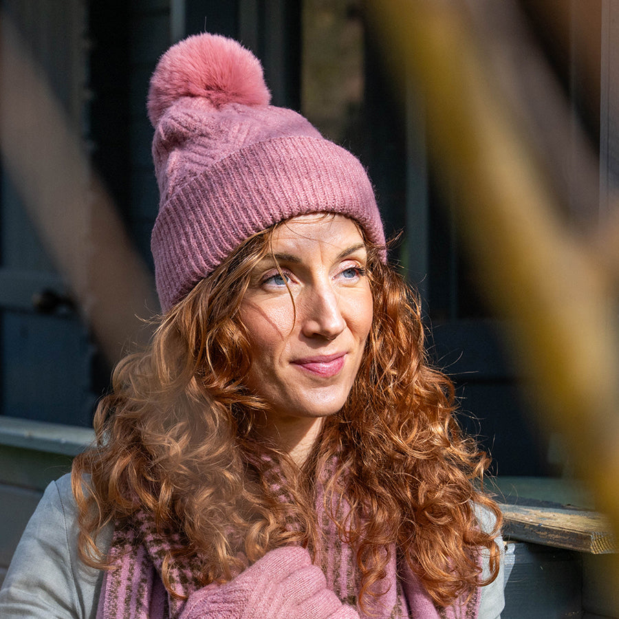 Charlotte Dusky Coral Herringbone Knit Bobble | Hat