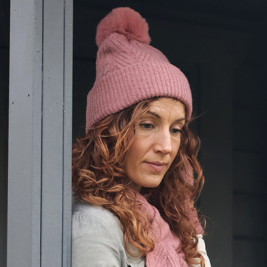 Charlotte Dusky Coral Herringbone Knit Bobble | Hat