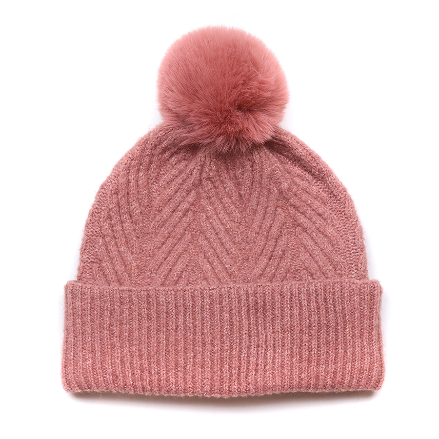 Charlotte Dusky Coral Herringbone Knit Bobble | Hat
