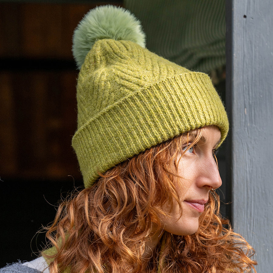 Charlotte Lime Green Herringbone Knit Bobble | Hat