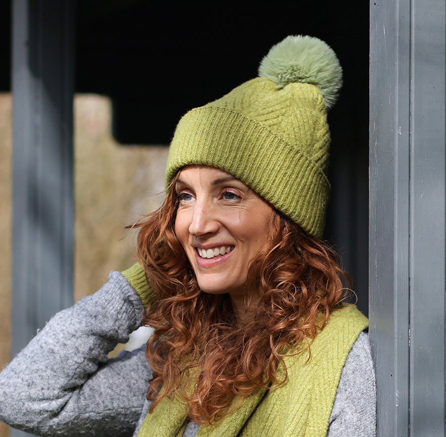 Charlotte Lime Green Herringbone Knit Bobble | Hat
