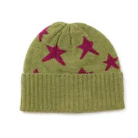 Estelle Olive Recycled Blend Beanie with Magenta Stars