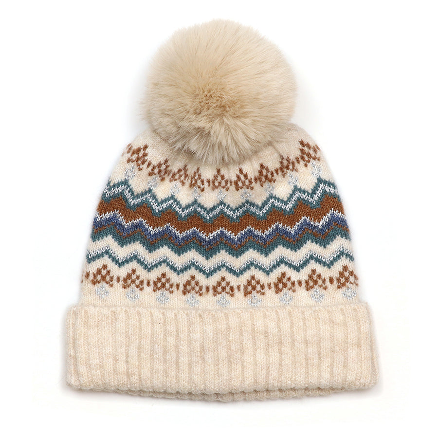 Sofia Cream Mix, Rust & Teal Zigzag Stripes Bobble | Hat