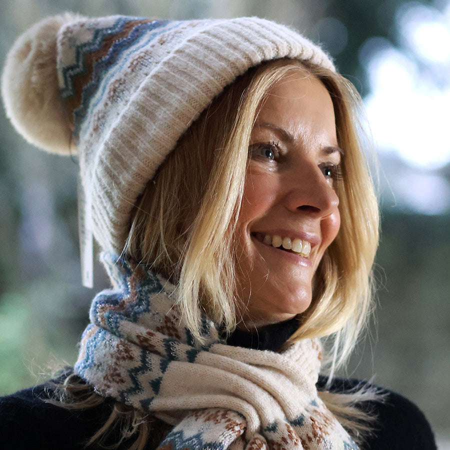 Sofia Cream Mix, Rust & Teal Zigzag Stripes Bobble | Hat