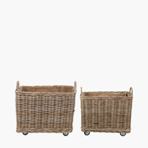 Grey Kubu Rattan Rectangular Wheeled Logs Baskets