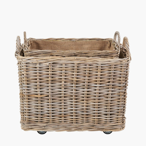 Grey Kubu Rattan Rectangular Wheeled Logs Baskets