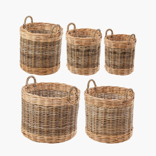 Grey and White Kubu Rattan Round Storage Baskets