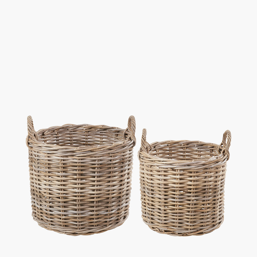 Grey Rattan Round Log Basket Large