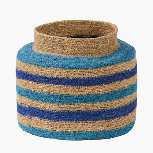 Tobs Seagrass Natural, Blue and Turquoise Stripe Round Basket