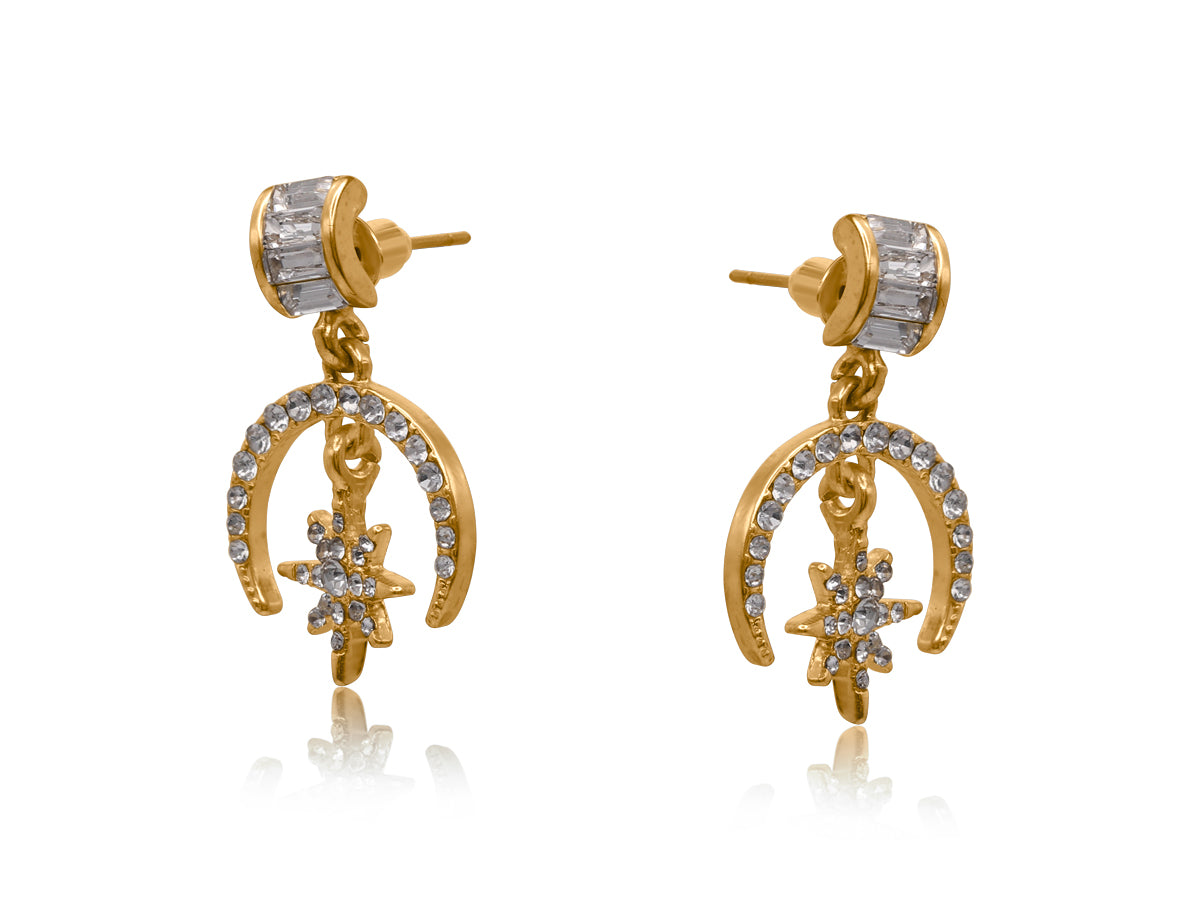 Encrusted Star And Moon Earrings | Gold