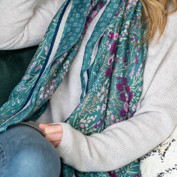 Light Teal Floral Scarf with Pink, Yellow and Black Pattern