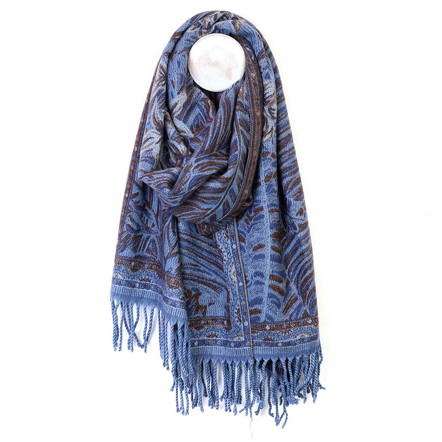 Celia Blue & Brown Mix Reversible Ornate Fern Leaf | Scarf