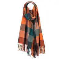 Esme Orange and Bottle Green Mix Check Weave Scarf