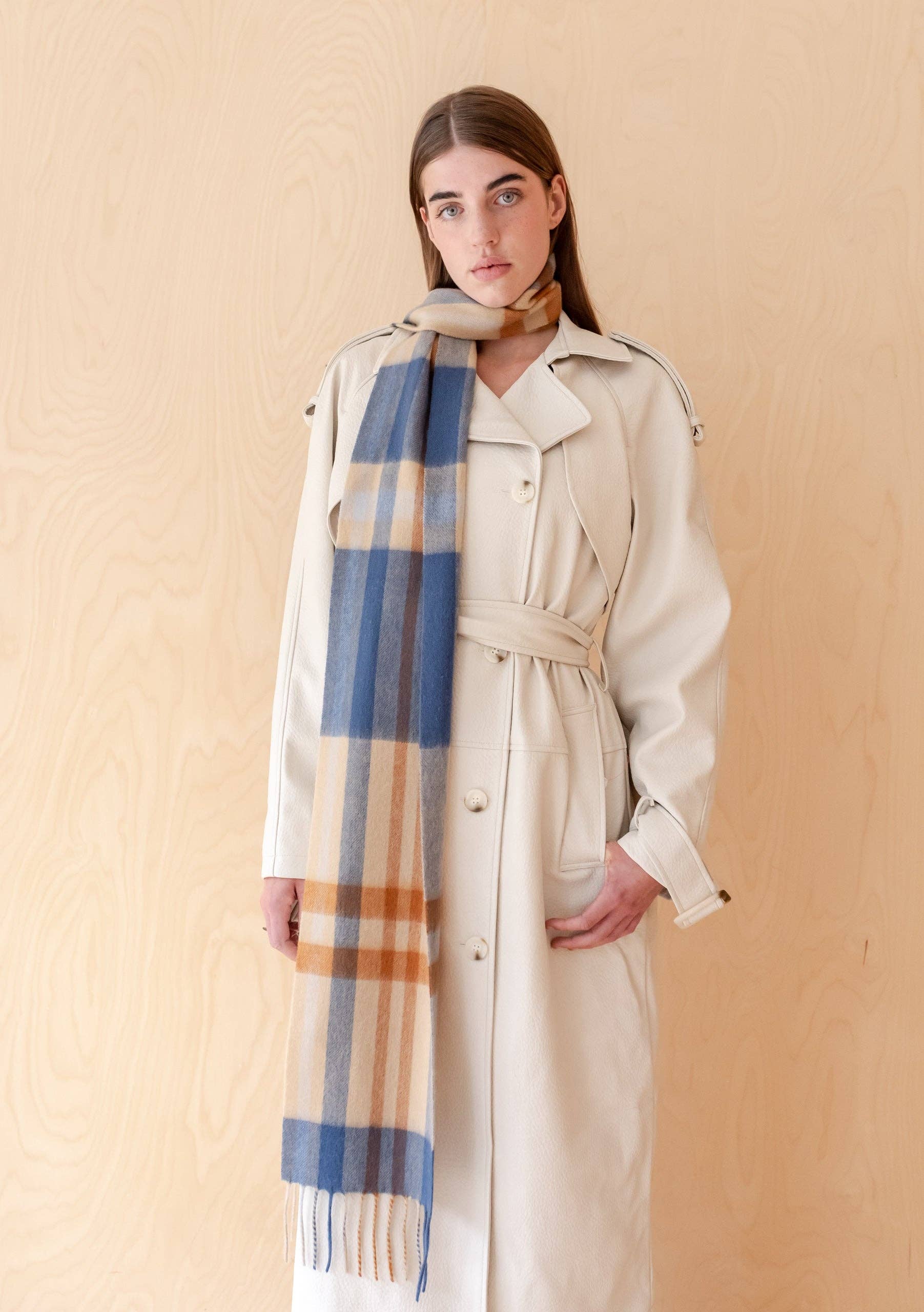 Lambswool Skinny Scarf in Camel Modern Tartan