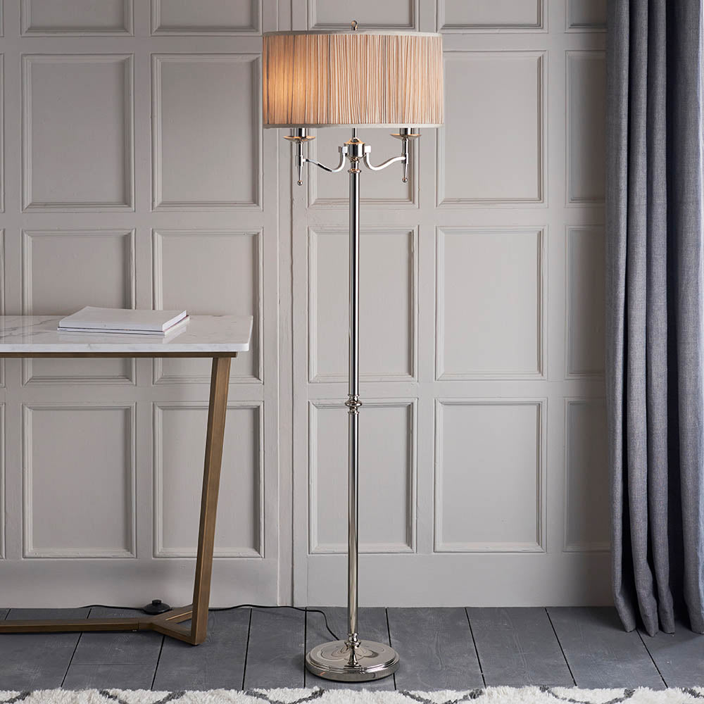Stanford Nickel Floor Lamp & Beige Shade