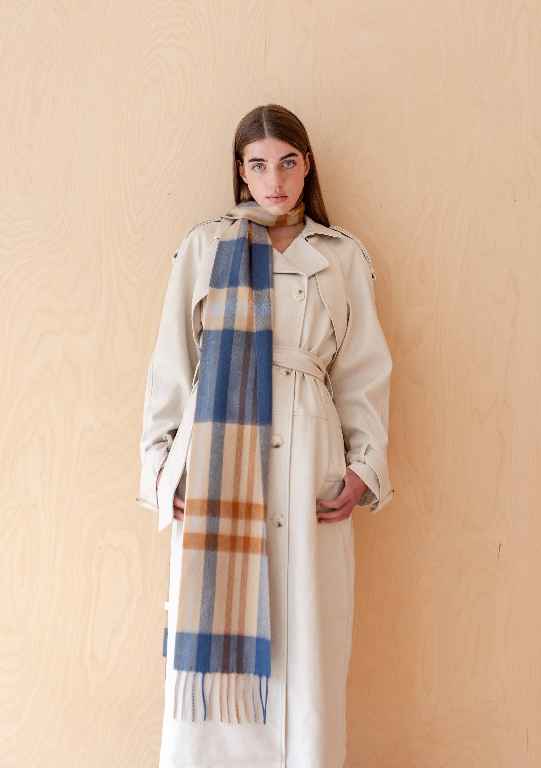 Lambswool Skinny Scarf in Camel Modern Tartan