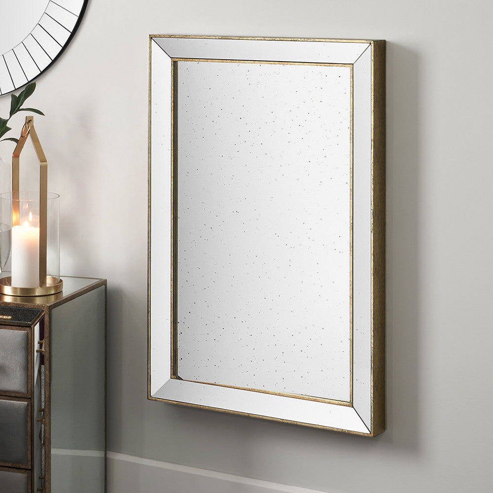 Antique Gold Metal and Foxed Glass Rectangular Mirror