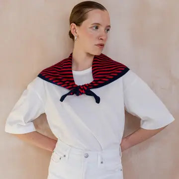 Merino Wool Triangle Scarf in Navy & Red Stripe