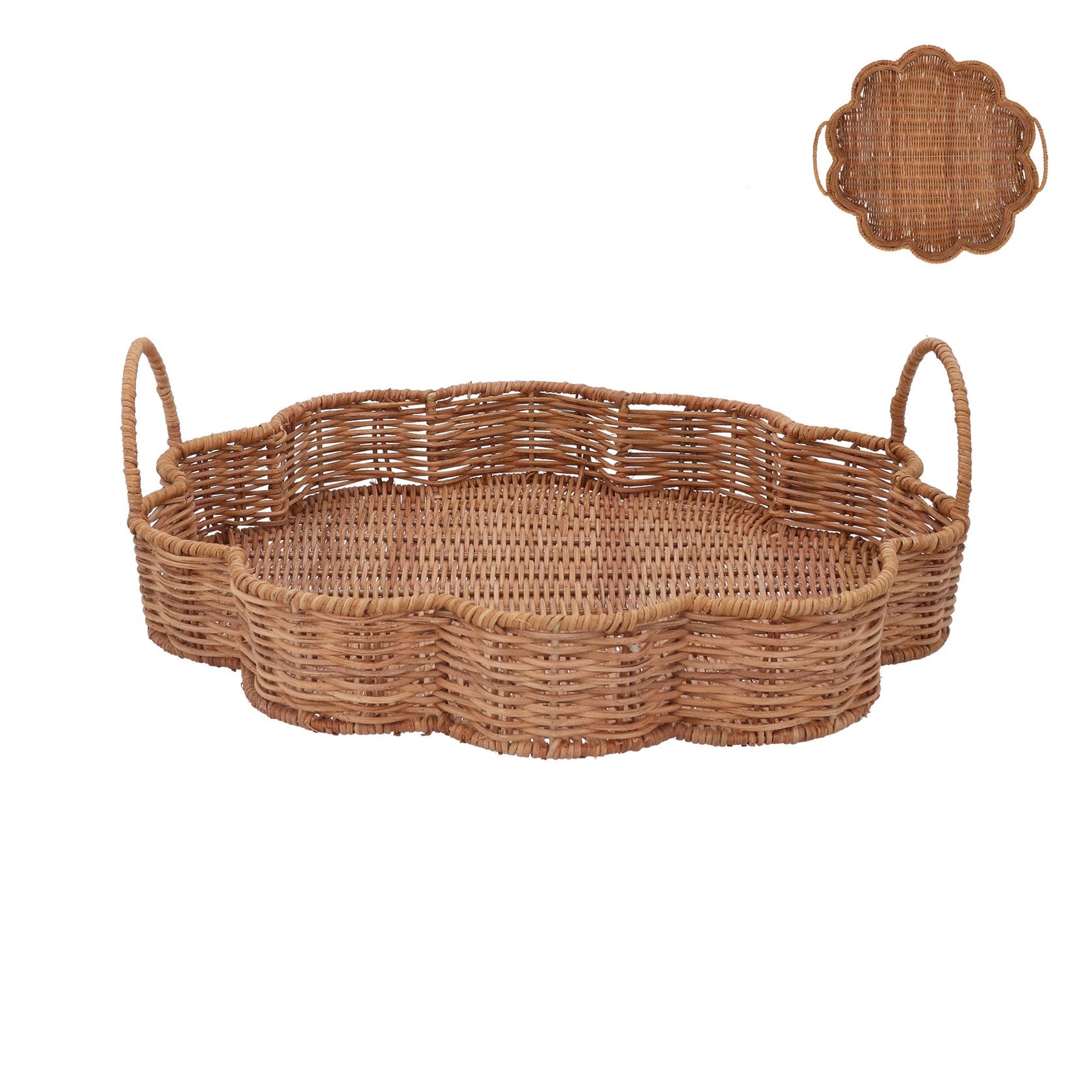 Rattan Flower Shape Tray w Handles