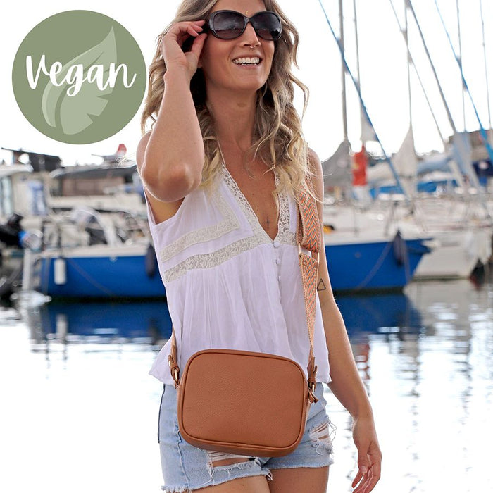 Tan Vegan Leather Camera Bag With Zig-Zag Strap