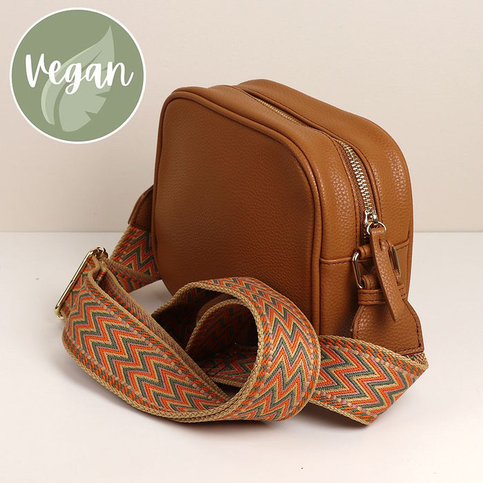 Pom Pink/Grey Vegan Leather Camera Bag with Stripe Strap