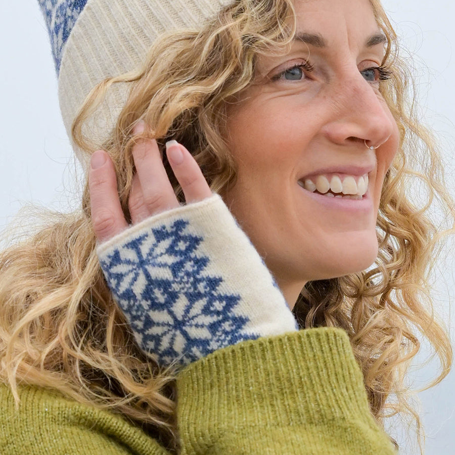 Blue and cream scandi starflower wrist warmers