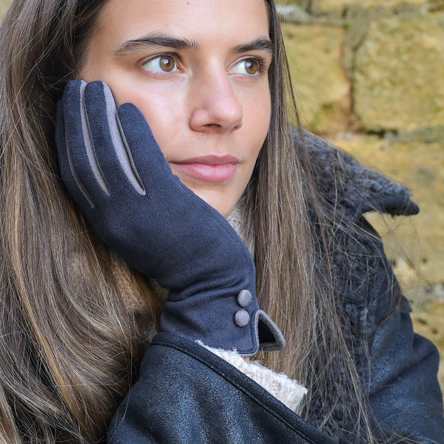 Light grey and slate contrast faux suede gloves