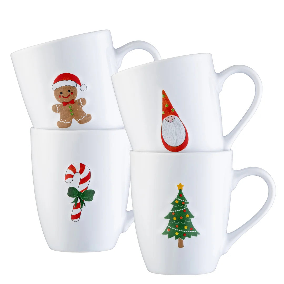 Christmas Motif Embossed Mugs | Set of 4