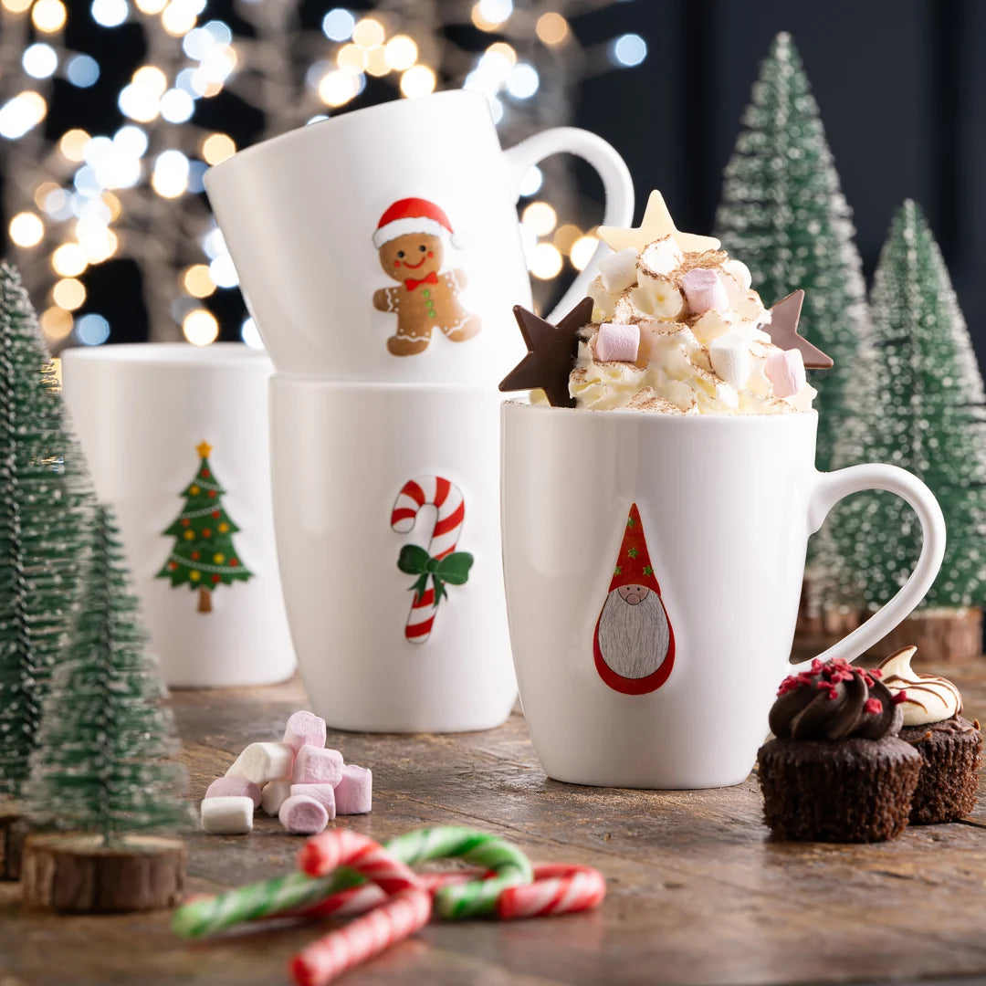 Christmas Motif Embossed Mugs | Set of 4