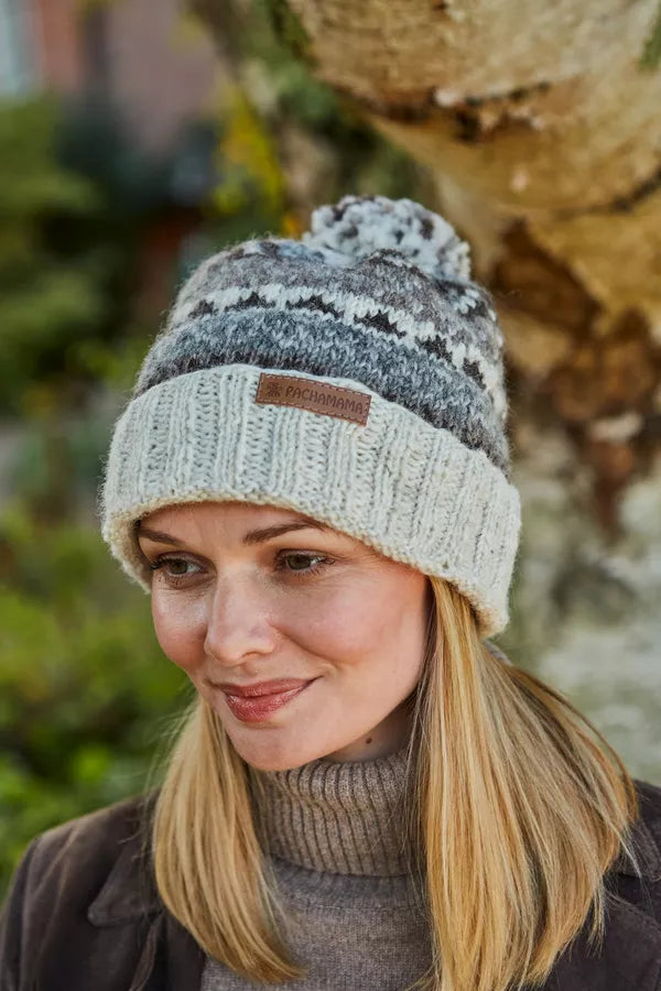 Classic Fairisle Roll Back Bobble Beanie | Natural