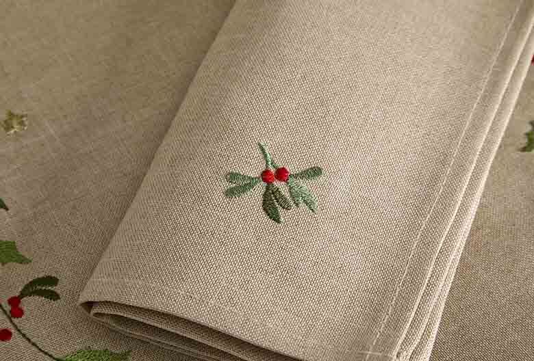 Embroidered Holly Berry Napkin Natural | Set of 2