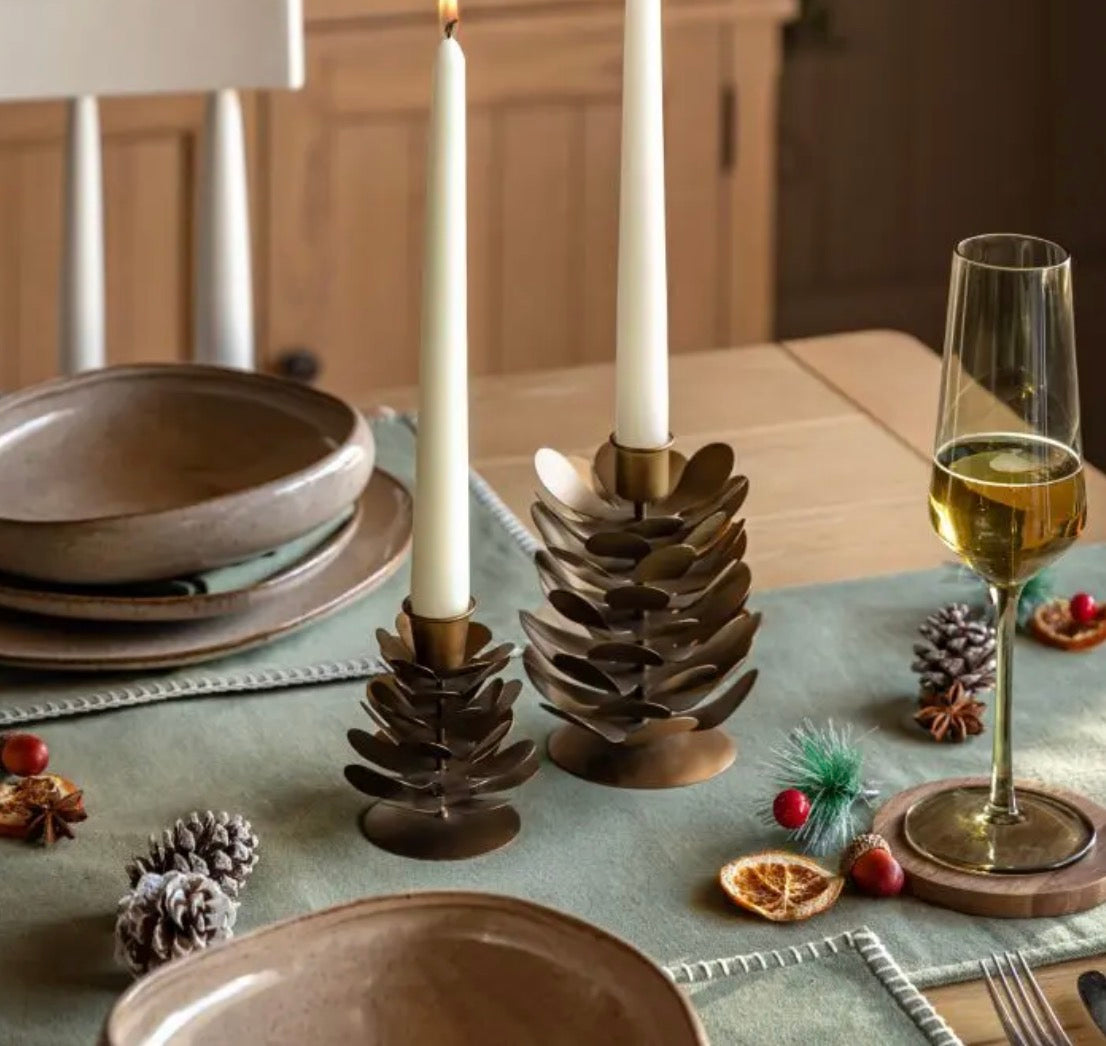 Woodland Set of 2 Pinecone Candleholder | Gold