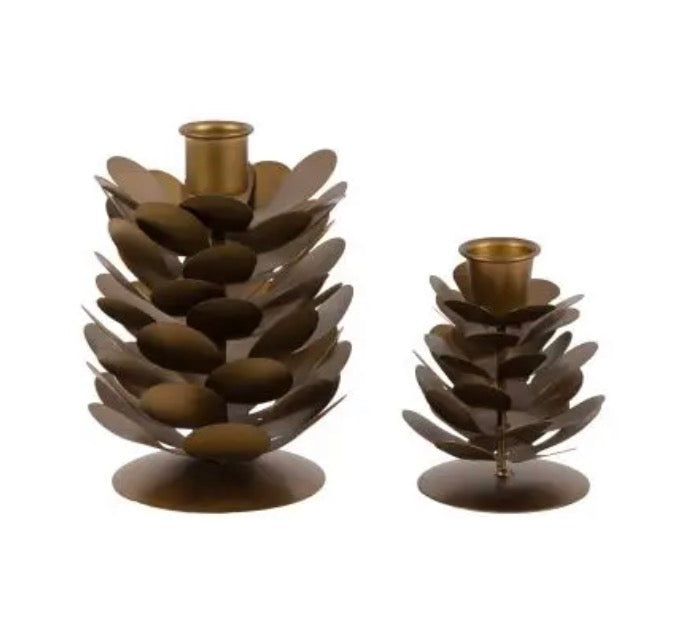 Woodland Set of 2 Pinecone Candleholder | Gold