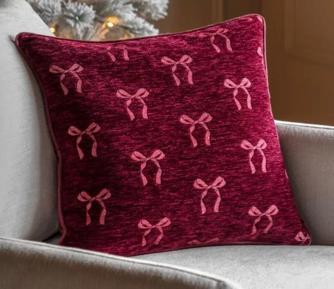 Heritage Bow Chenille Cushion | Merlot