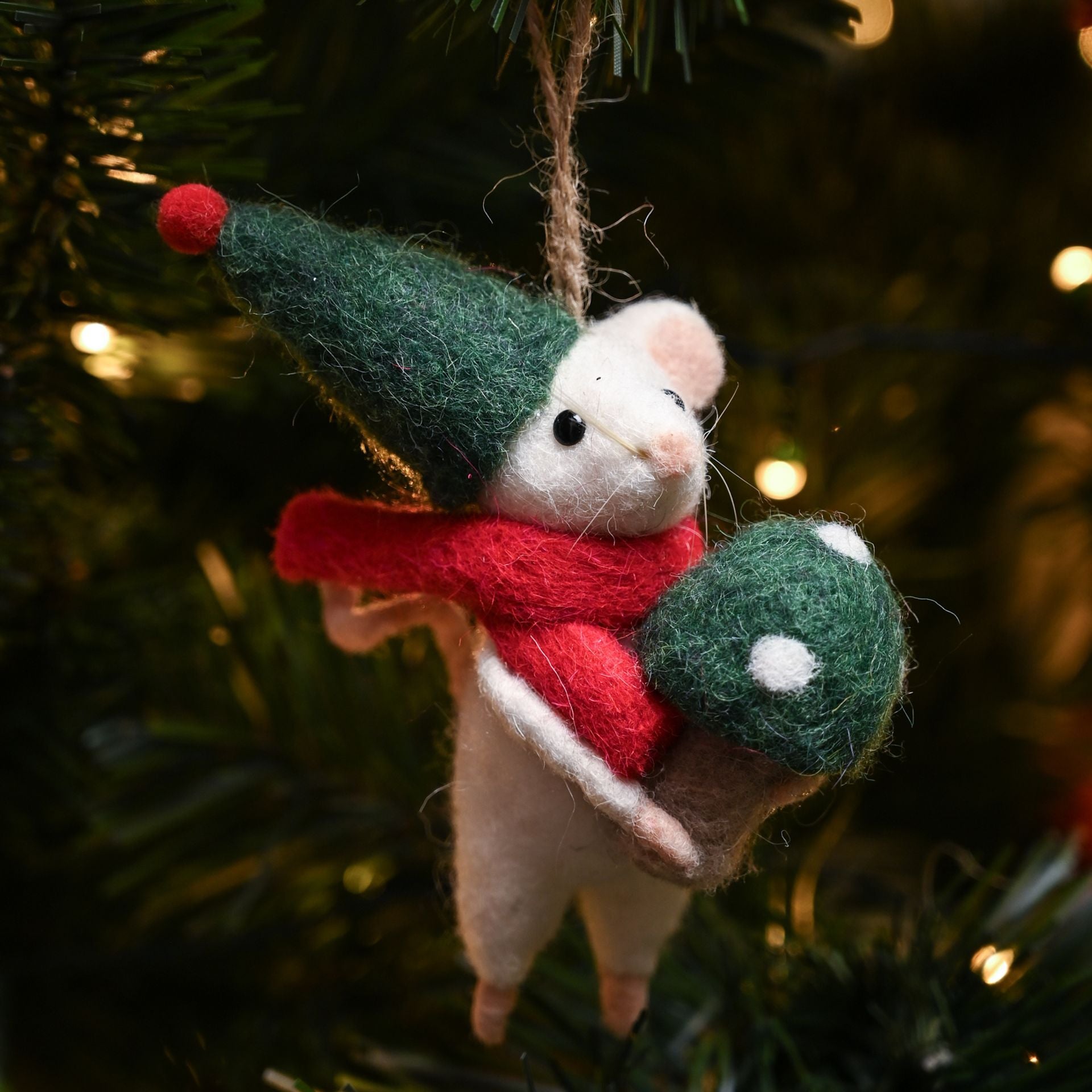 Felt Mouse with Mushroom and Green Hat