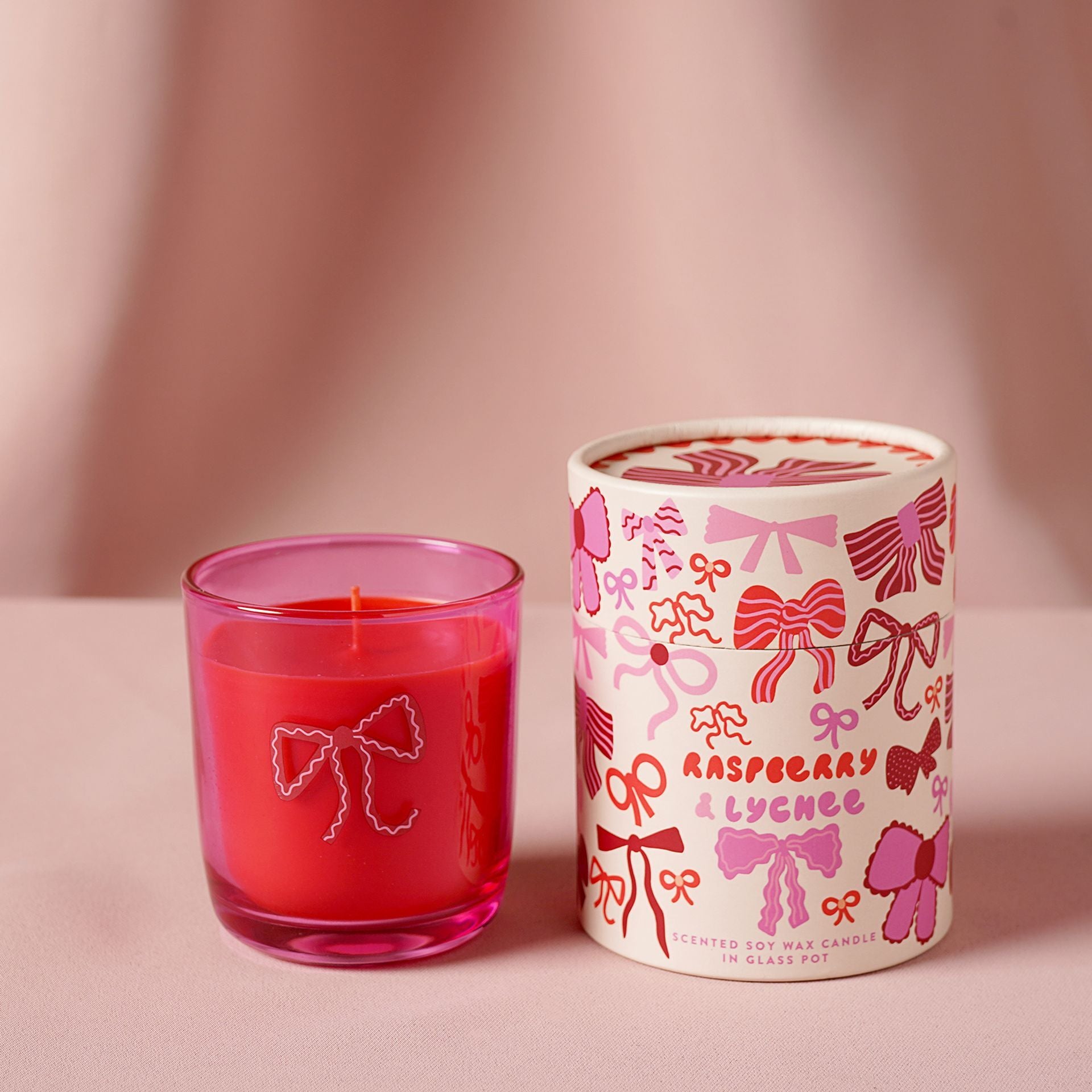 Raspberry Blossom Pink Glass Fragranced Candle | Bows