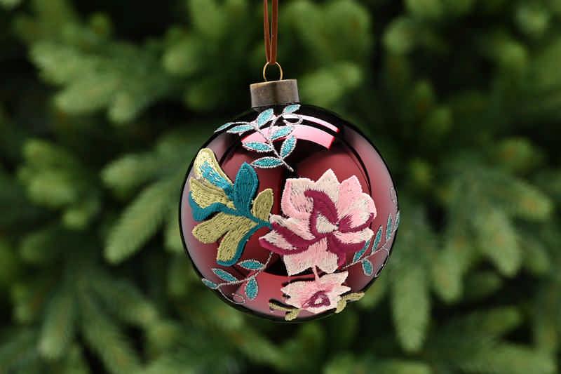 Burgundy Glass Christmas Bauble | Fabric Flowers/Leaves