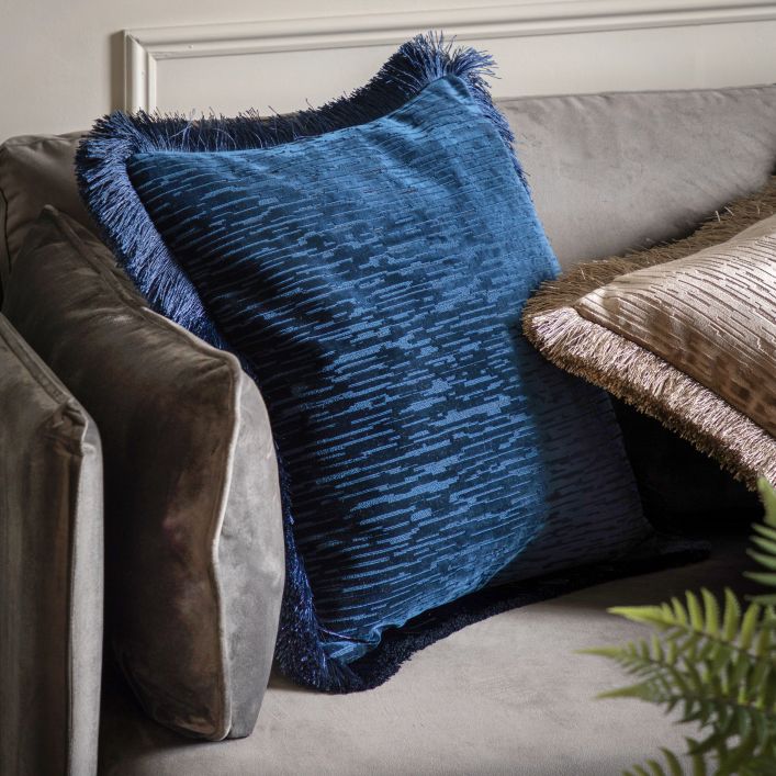 Cut Velvet Fringe Cushion | Blue
