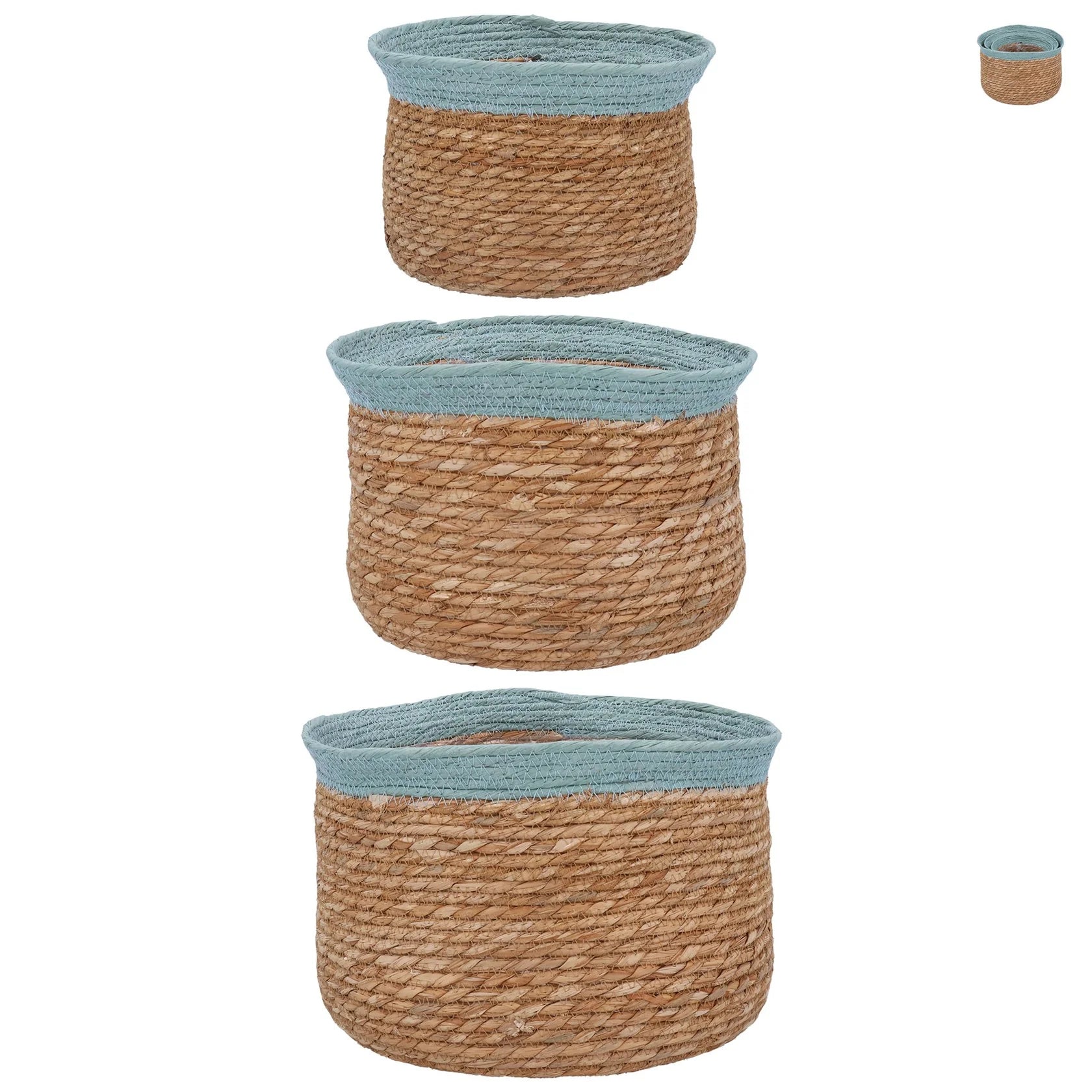 Woven Tub Baskets | Blue/Green Trim Natural